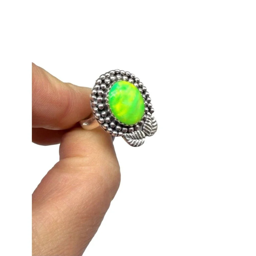 Lime Green Aurora Opal Ring Size 6.5 Solid 925 Sterling Silver Aura